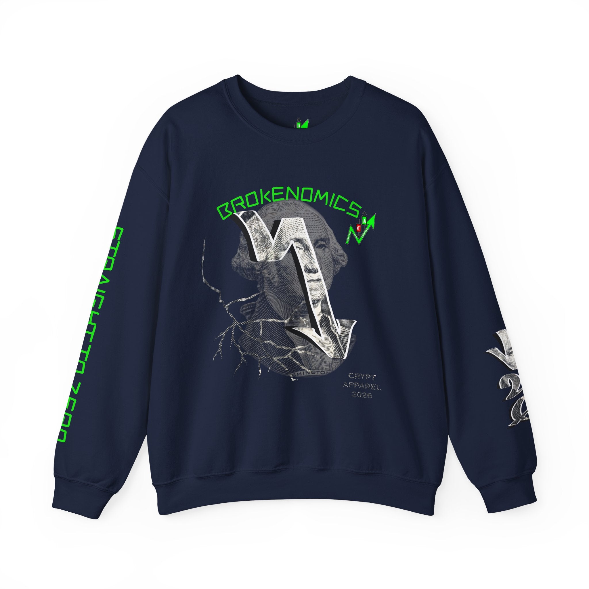 Brokenomics Crypto Crewneck Sweatshirt — Crypt Apparel Graphic Pullover with Neon Green Accents