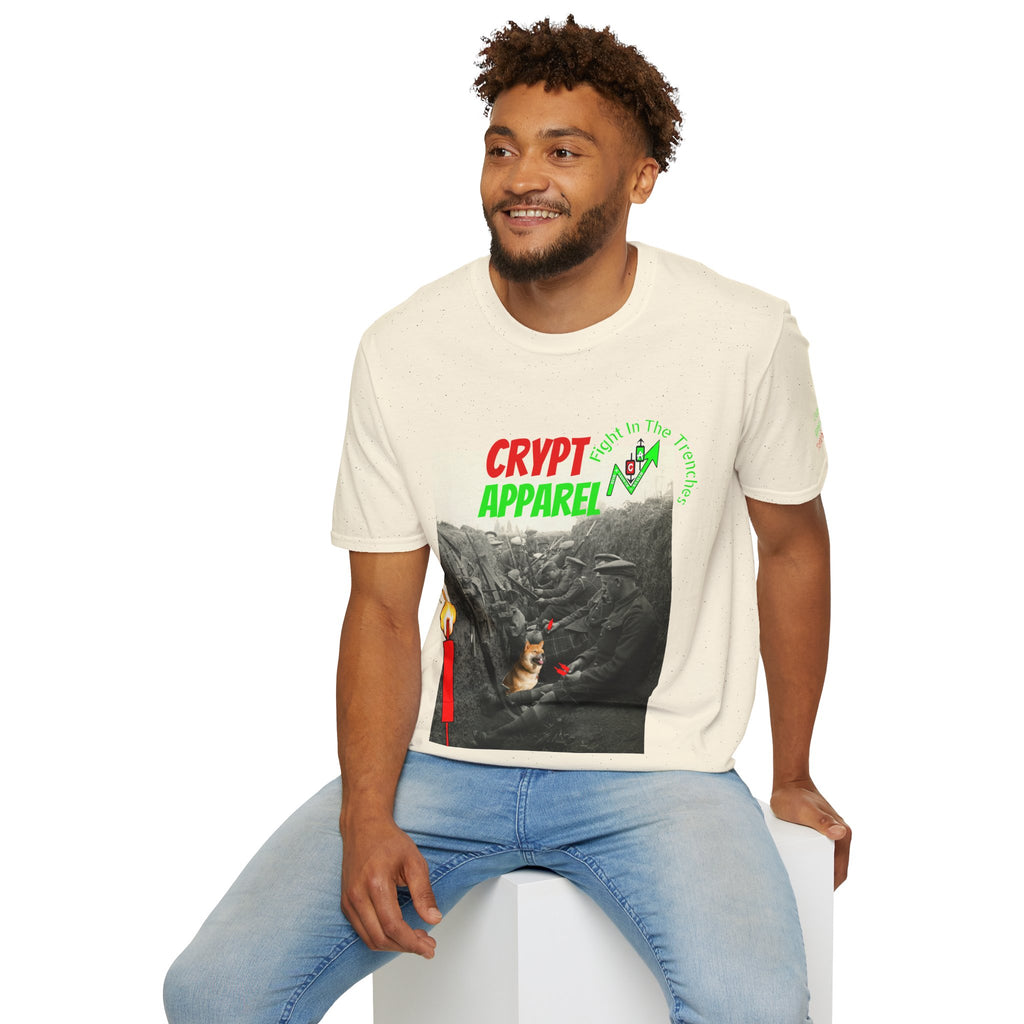 The Trenches Crypto T‑Shirt — 'Crypt Apparel' Graphic Tee with Candlesticks Design