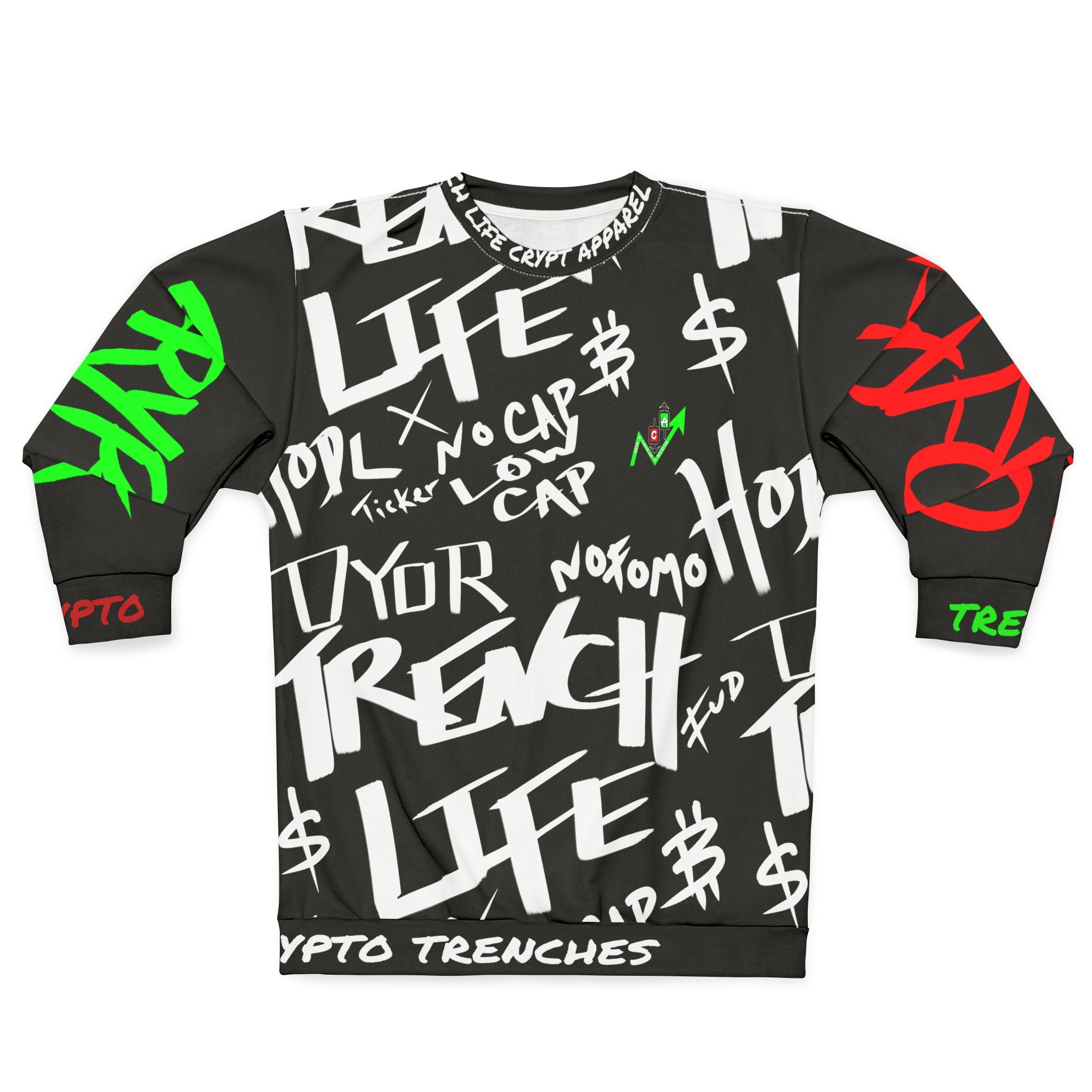 Trench Life graffiti all over print crewneck sweatshirt design by Crypt Apparel nods to crypto meme culture
