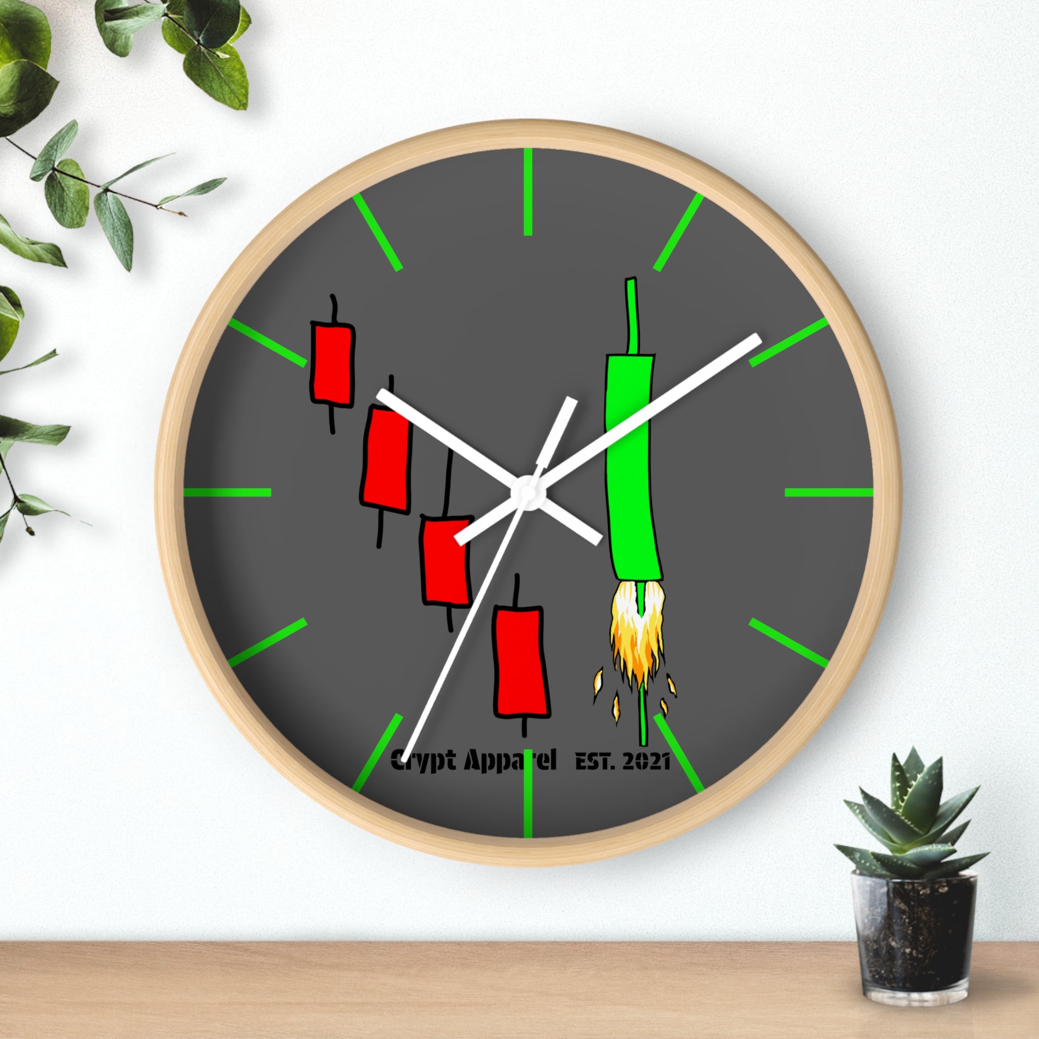 Degen Traders Crypto Candlestick Wall Clock — Crypt Apparel 'Bull Rocket' Trading Chart Clock