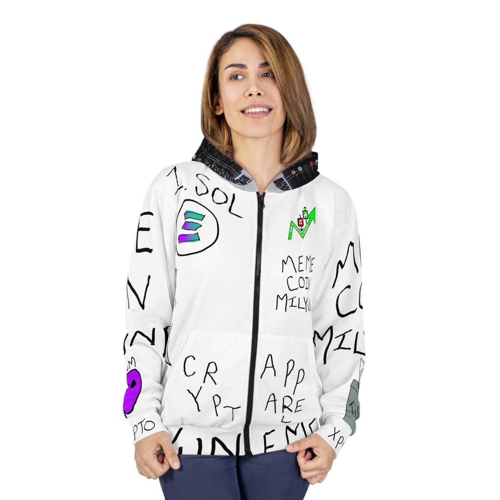 Meme Coin Millionaire Crypto Zip Hoodie — 'Crypt Apparel Meme' All-Over Print