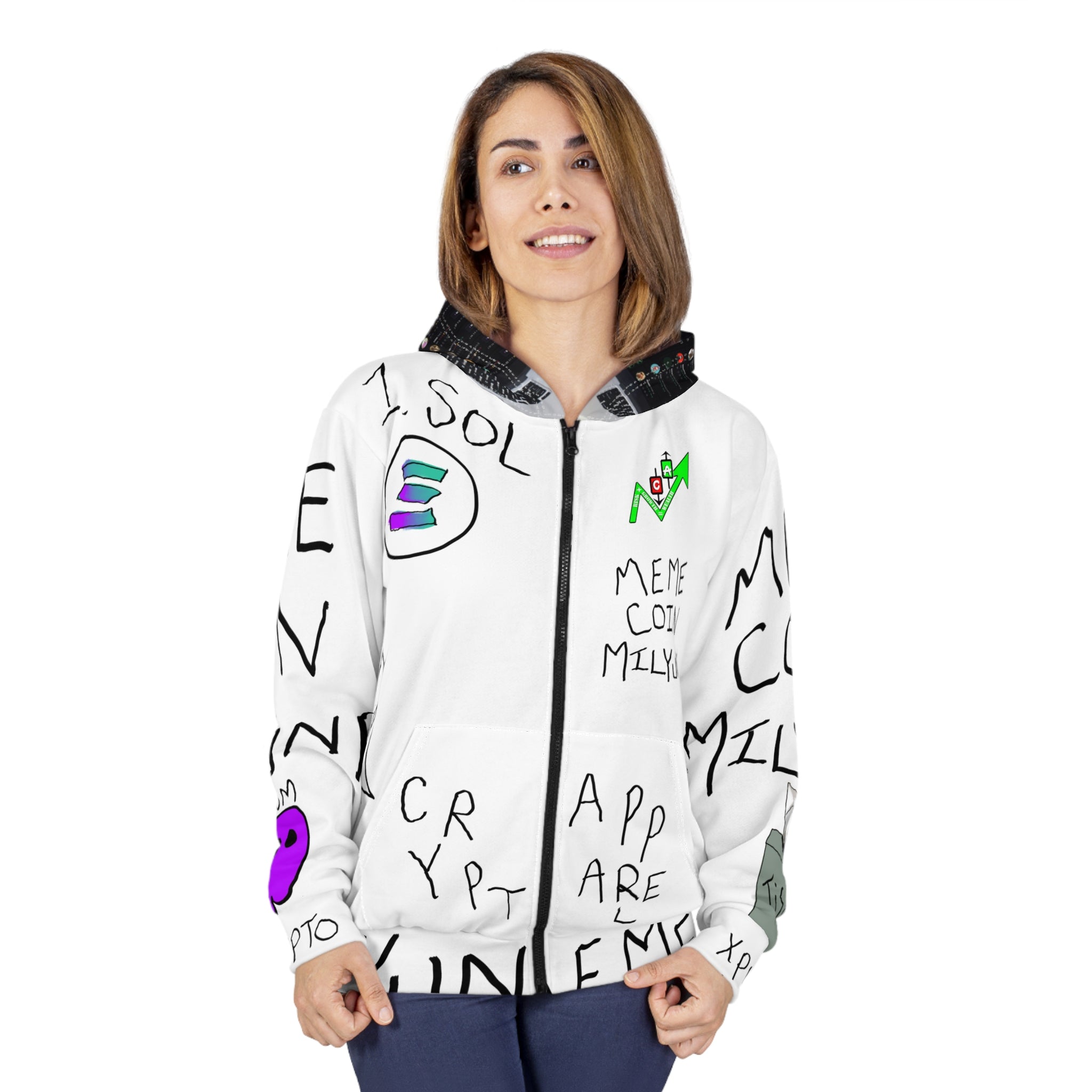 Meme Coin Millionaire Crypto Zip Hoodie — 'Crypt Apparel Meme' All-Over Print