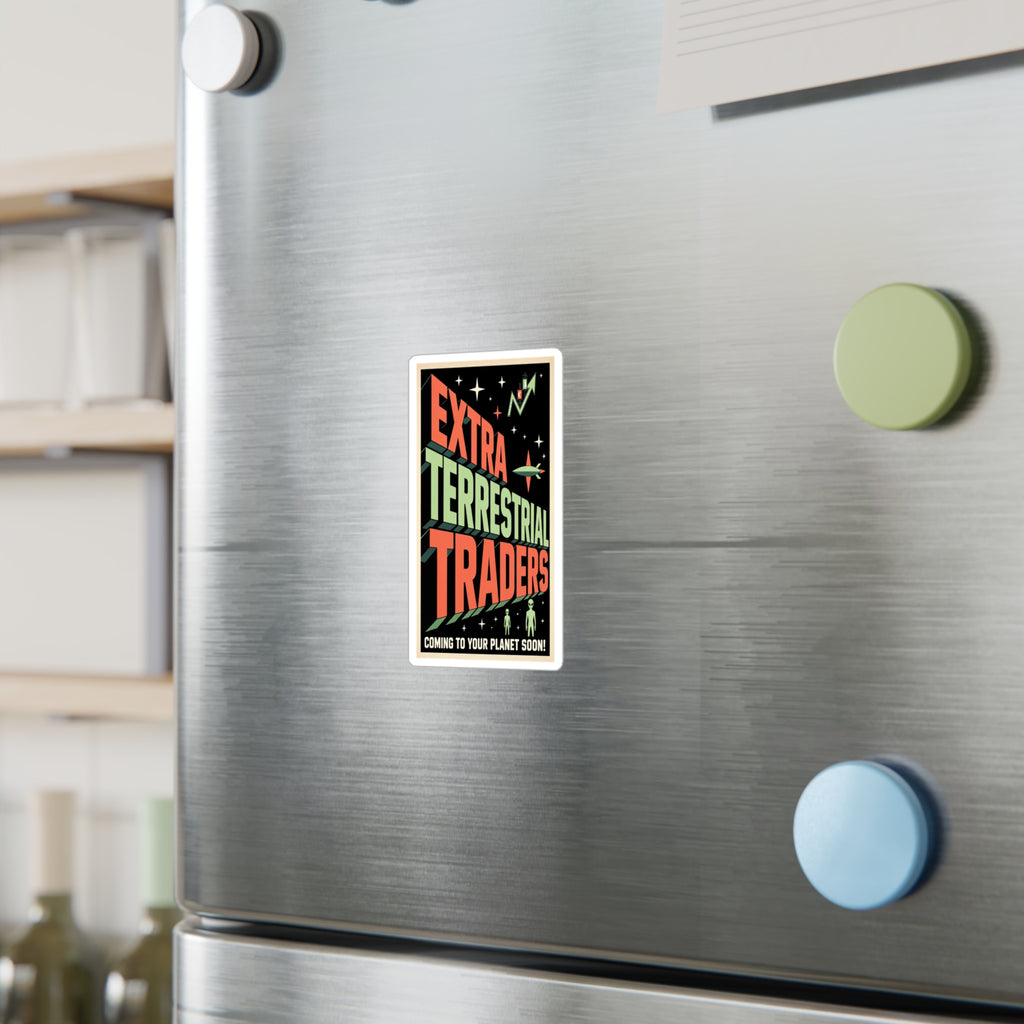Retro Alien Crypto Movie Poster Kiss-Cut Vinyl Sticker — “Extra Terrestrial Traders”