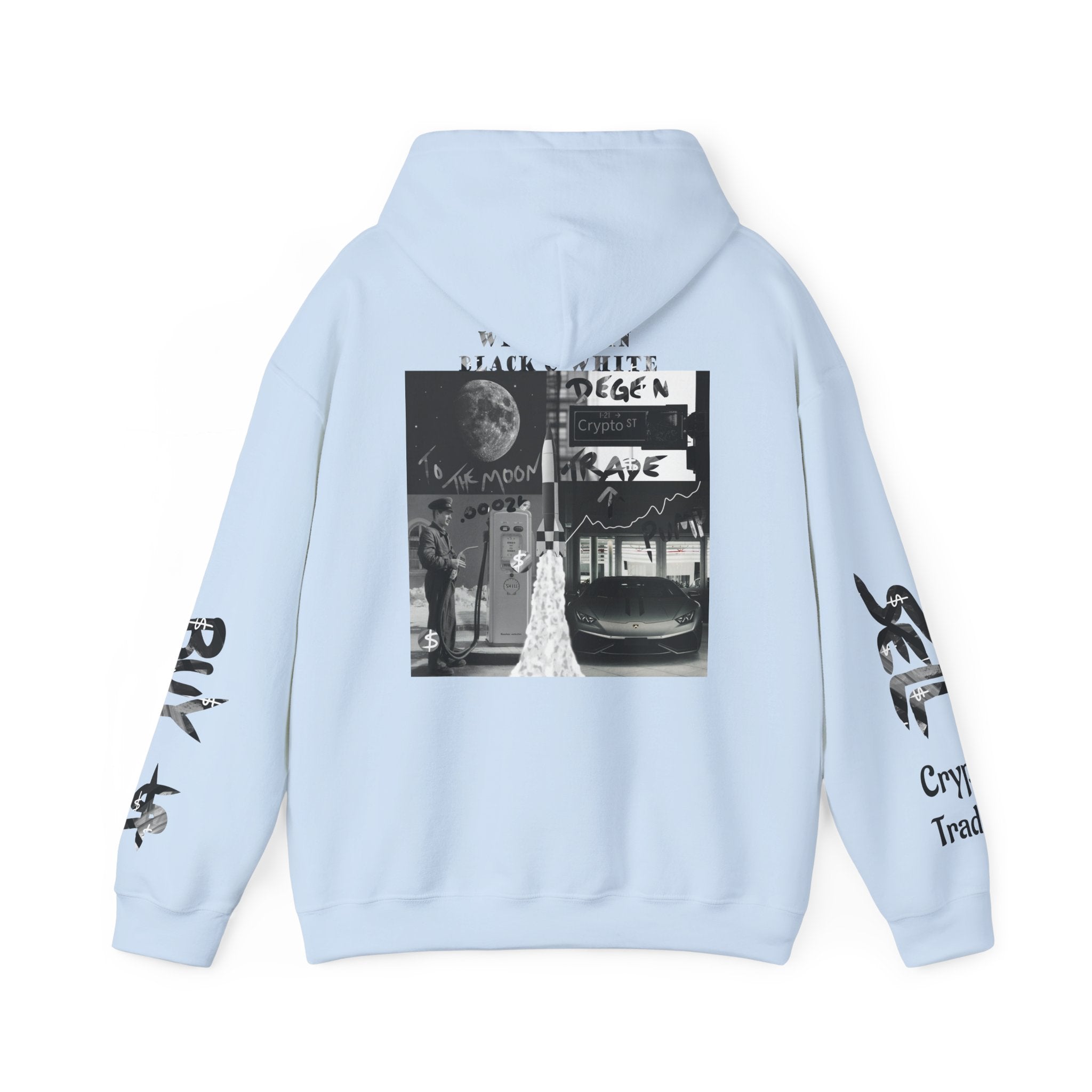 Crypt Apparel B&W hoodie features iconic Bitcoin symbolism for the crypto and web3 culture
