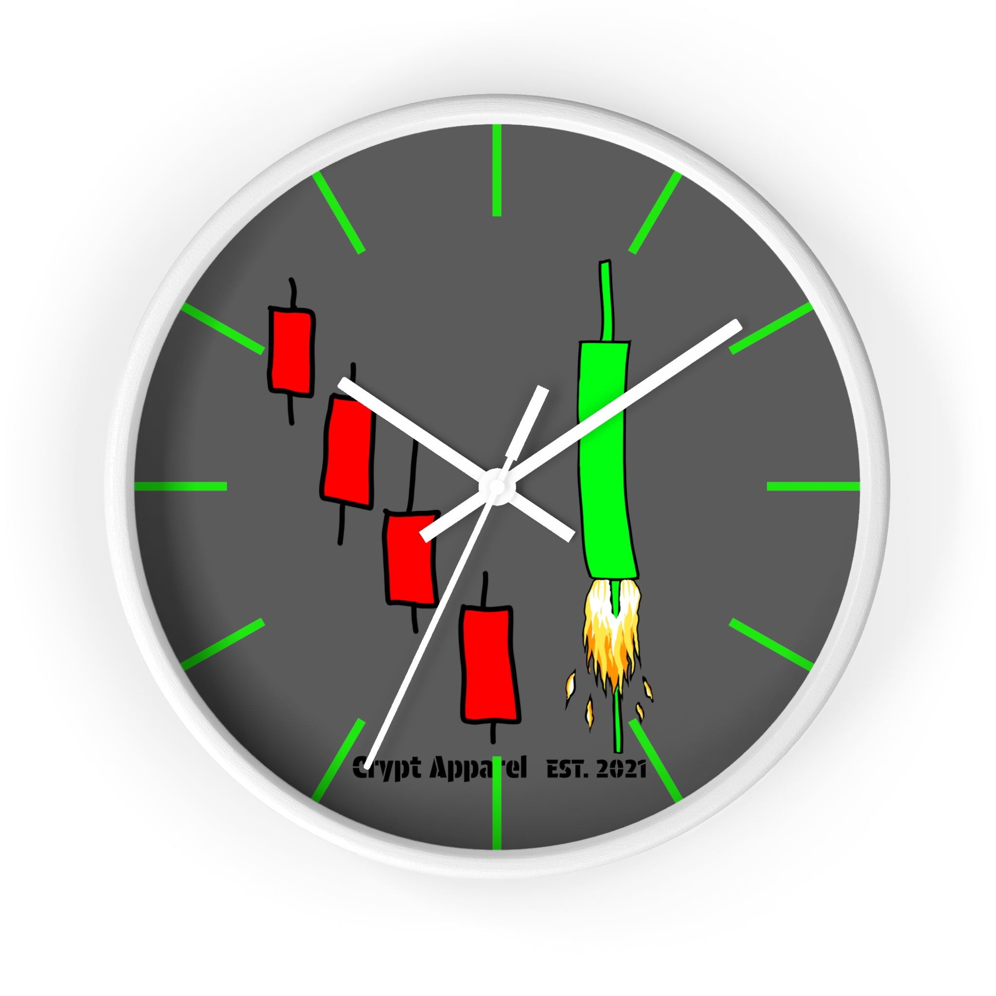 Degen Traders Crypto Candlestick Wall Clock — Crypt Apparel 'Bull Rocket' Trading Chart Clock