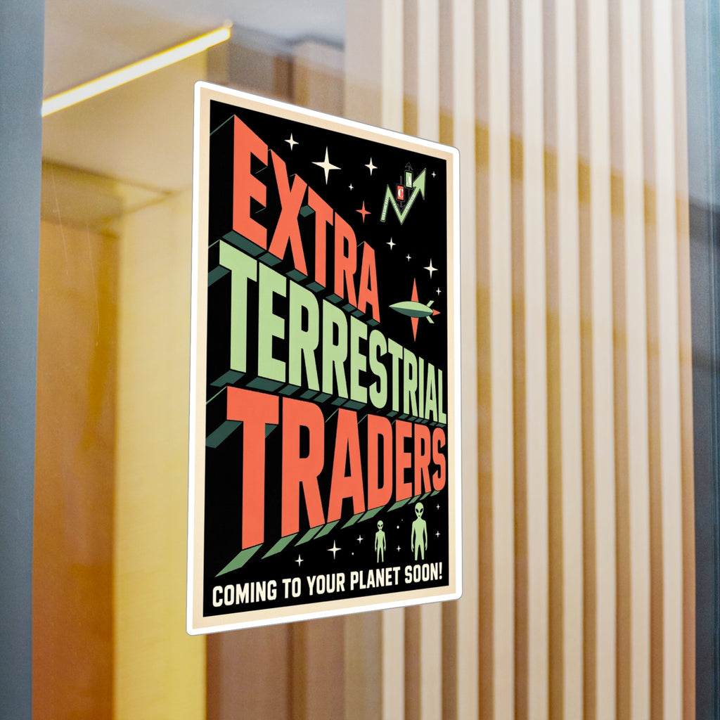 Retro Alien Crypto Movie Poster Kiss-Cut Vinyl Sticker — “Extra Terrestrial Traders”